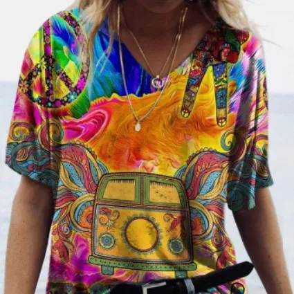 Summer Fashion Casual V neck Women's Printed Tie dye Short sleeved T shirt G56J486 - Shop at LoveMi