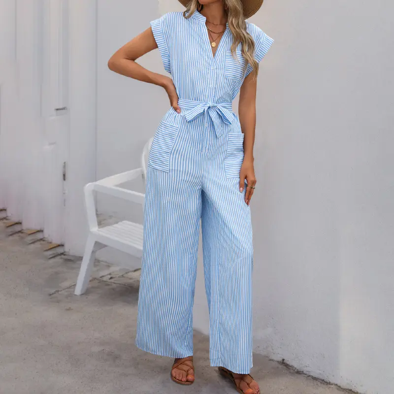 Sleeveless V-neck Blue And White Vertical-striped Casual