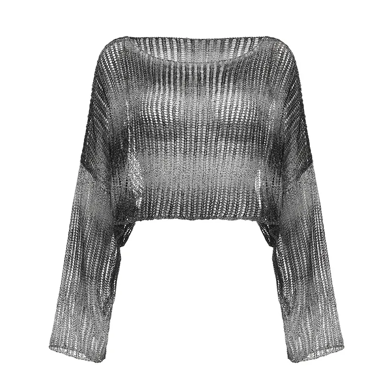 Hollow Tie-dyed Loose Short Breathable Sweater Woven Blouse Temperament Women's Sun-proof All-matching Top - Black