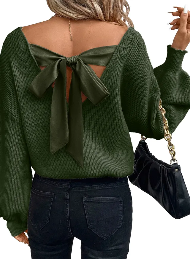 Women's Solid Color Sweater Long Sleeve Casual Loose Bow Top Green - Shop at LoveMi