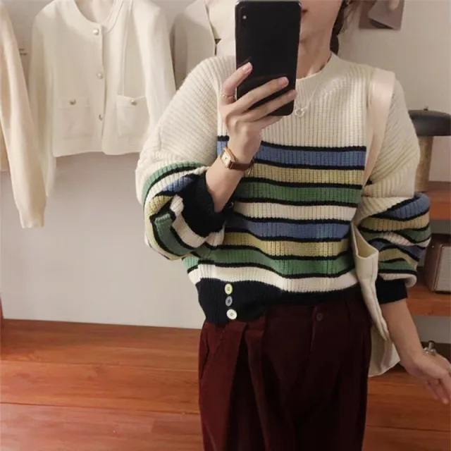 Color Vintage Stripe Crew Neck Pullover Sweater Contrast Color Knitwear Beige Color Matching - Shop at LoveMi