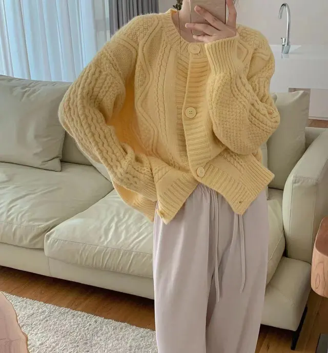 Twist Knitted Cardigan Jacket Design Sense Yellow - Shop at LoveMi