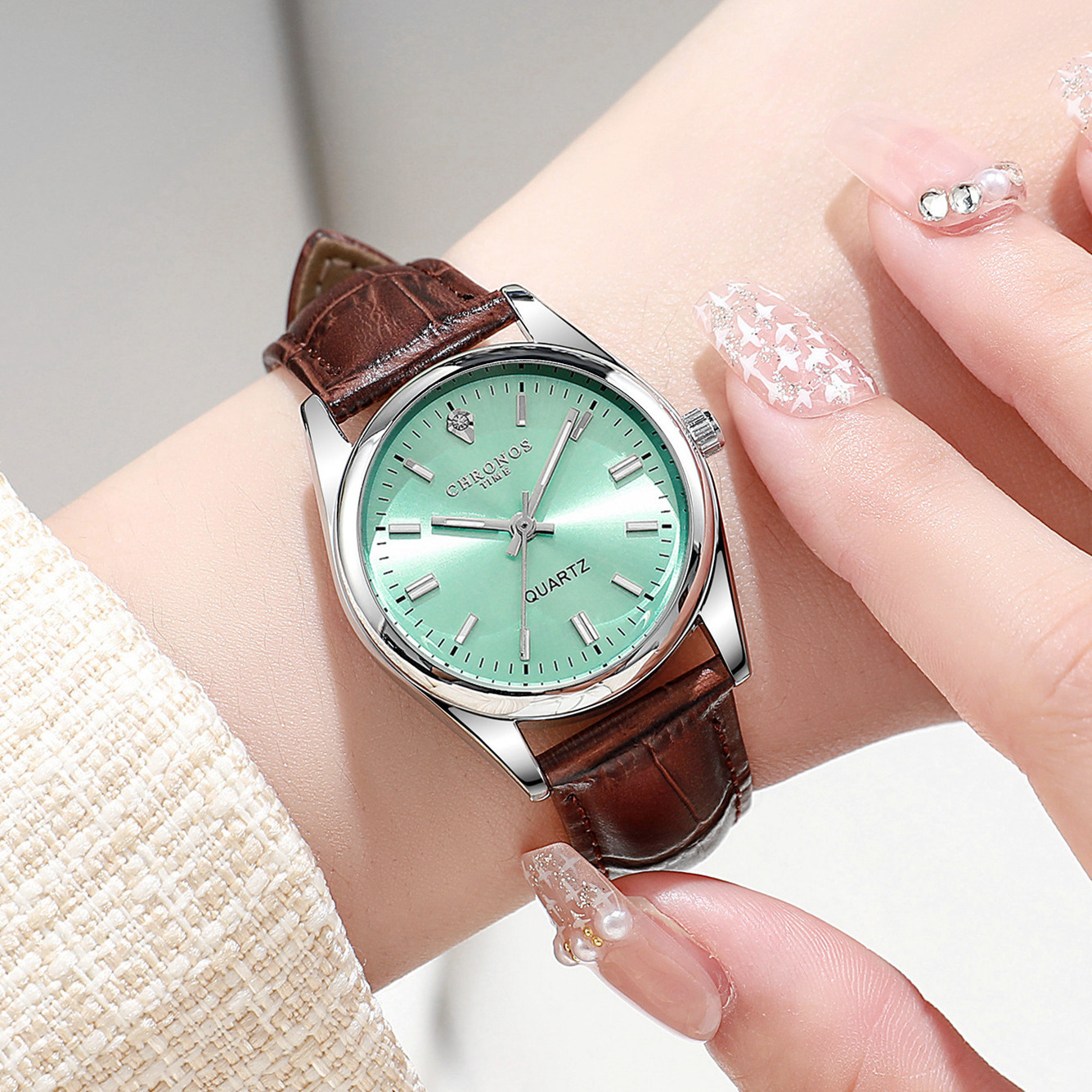 Womens Fashion Wristwatch With A Genuine Leather Strap And Luminous Quartz Movement