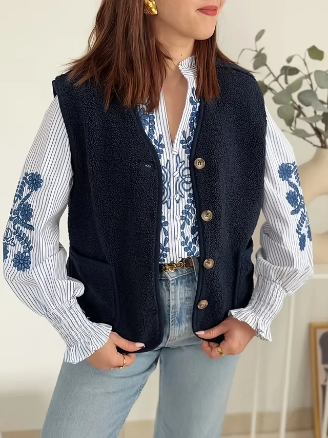 Women's Warm Outer Wear Lambswool Sleeveless Button Vest Blue - Shop at LoveMi