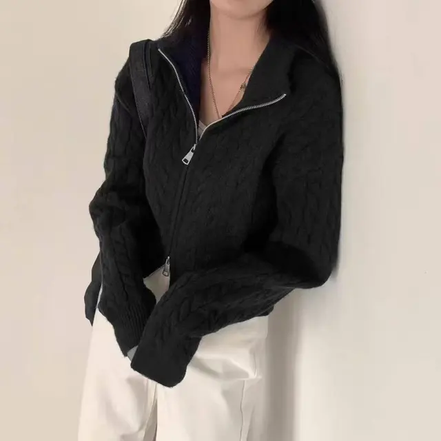 High grade Lapel Double Zipper Twist Solid Color Sweater Black - Shop at LoveMi