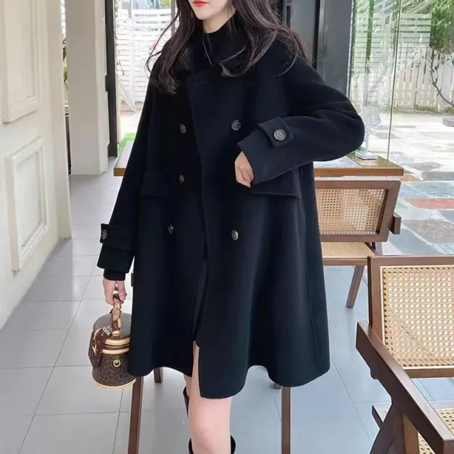 Mid length Korean Style Doll Collar Autumn And Winter Woolen Woolen Coat Black - Shop at LoveMi