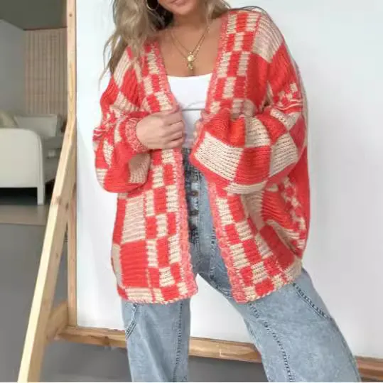 Women's Oversized Drop-shoulder Plaid Cardigan Sweater - Red