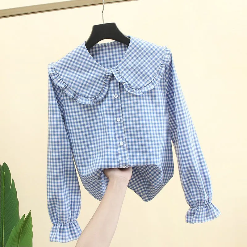 Long Sleeve Inner Wear Korean Loose Cotton Doll Collar Jacket - Big Doll Collar Blue Plaid