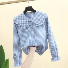 Long Sleeve Inner Wear Korean Loose Cotton Doll Collar Jacket - Big Doll Collar Blue Plaid - View 1