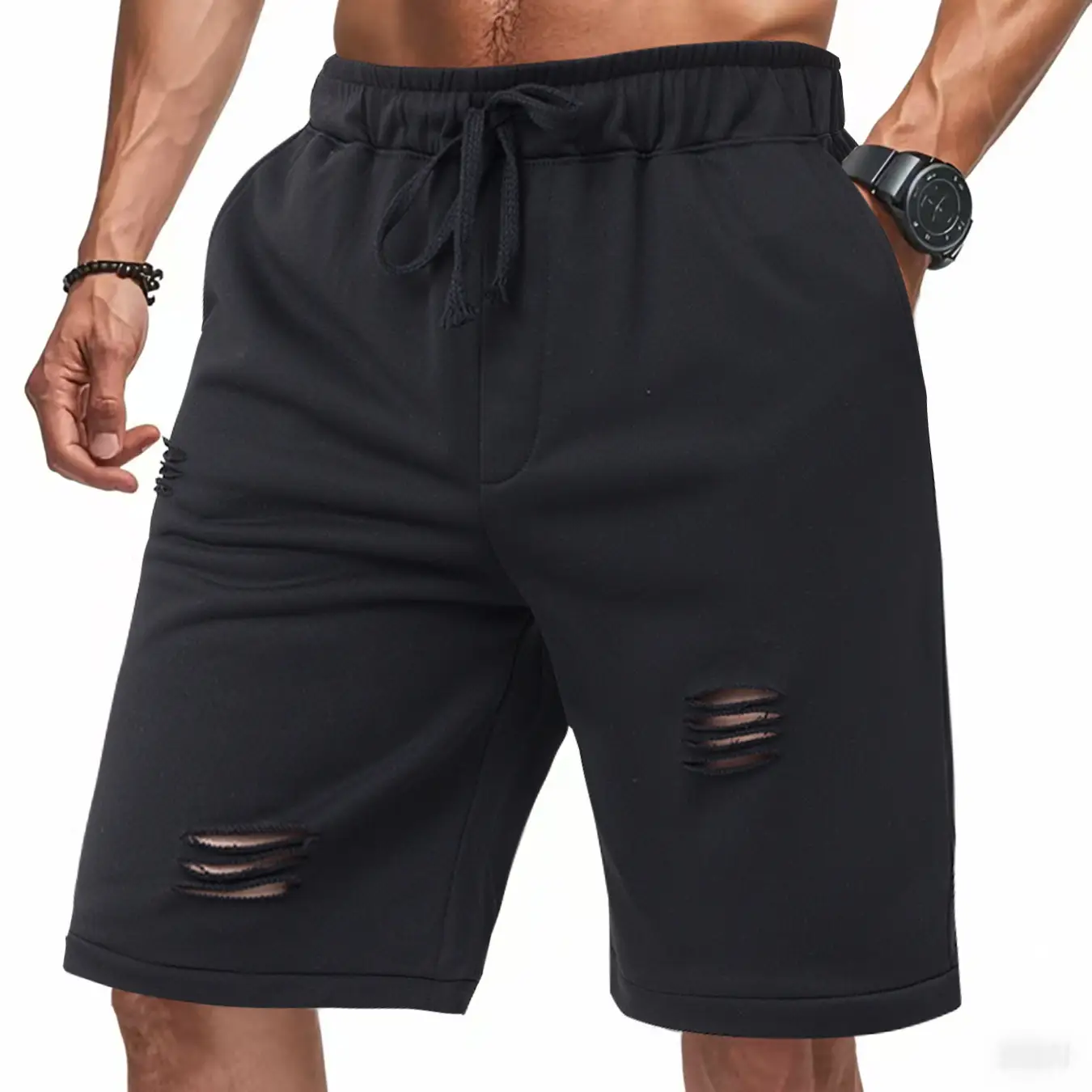 Ripped Casual Knitted Loose Fifth Solid Color Terry Sports Pants