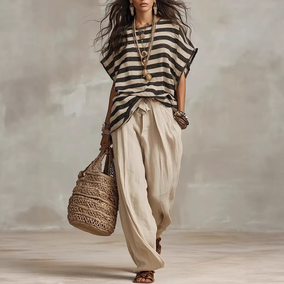 Casual Striped-print Crew-neck Loose-fit Short-sleeve Leisure Set