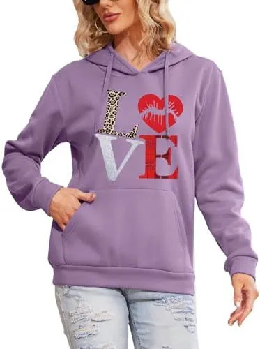 Women's Pattern Hoodie Heart Shape Printed Drawstring Pullover Top Lavender Letters - Shop at LoveMi