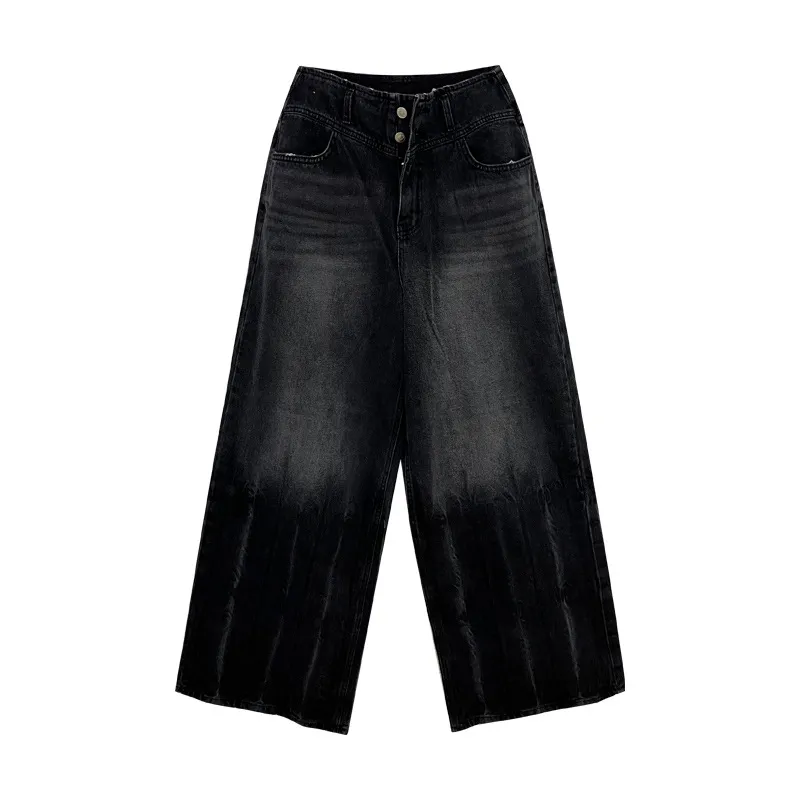 Retro High Waist Double Buckle Design Jeans For Women - Black