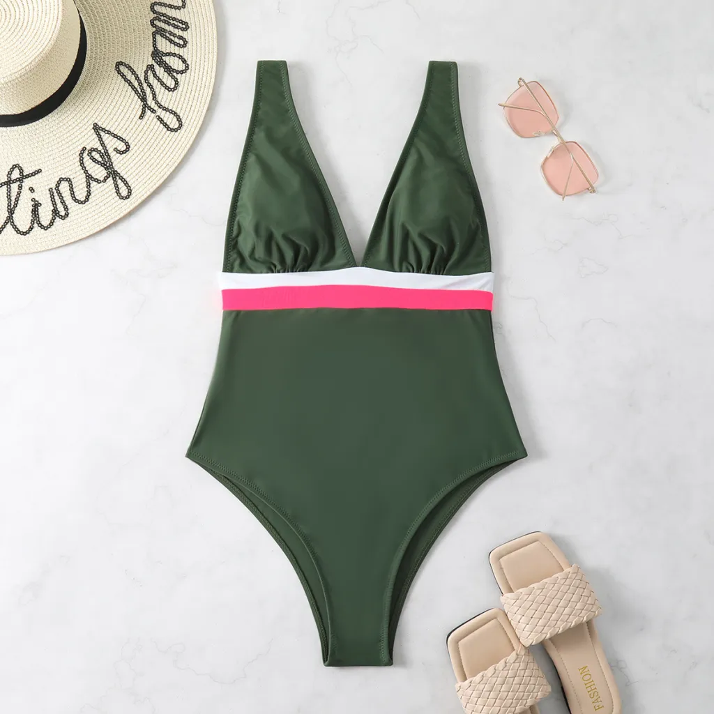 Stitched Backless Swimsuit Adjustable Size - Green
