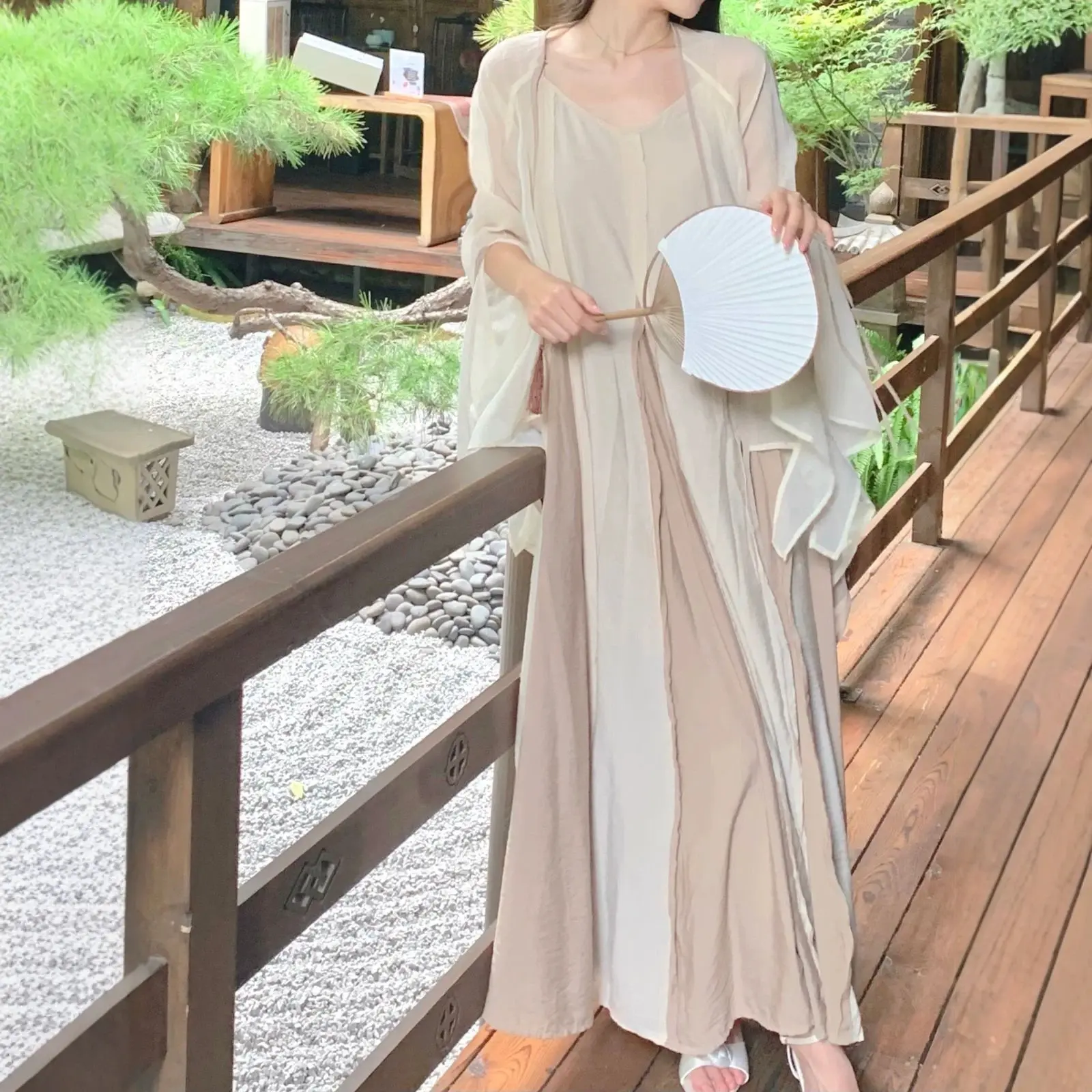 Cardigan Layered Patchwork Maxi Strap Dress