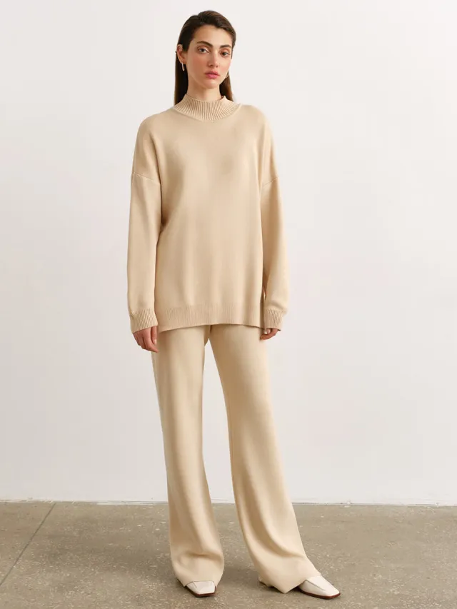 Women's Solid Color Knitted Turtleneck Slit Sweater Suit Apricot - Shop at LoveMi