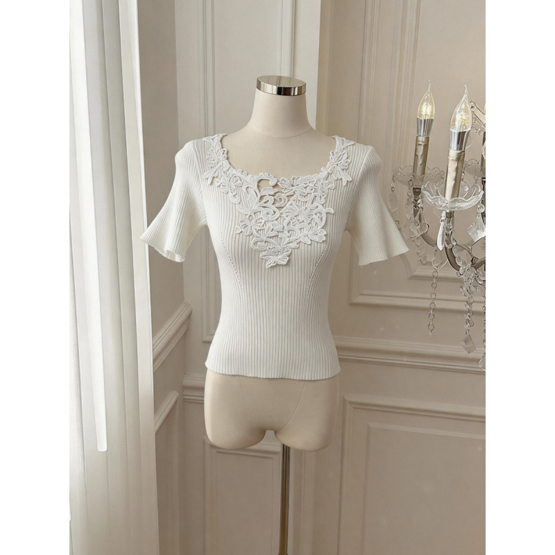 Womens Pure V-neck Knitted Top With Lace Paneling 7