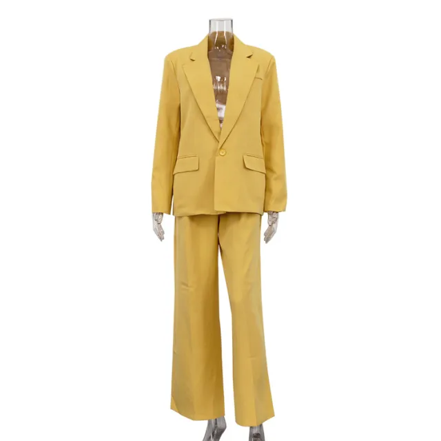 Long Sleeve Lapel Baggy Coat High Waist Wide Leg Pants Two piece Set Yellow - Shop at LoveMi