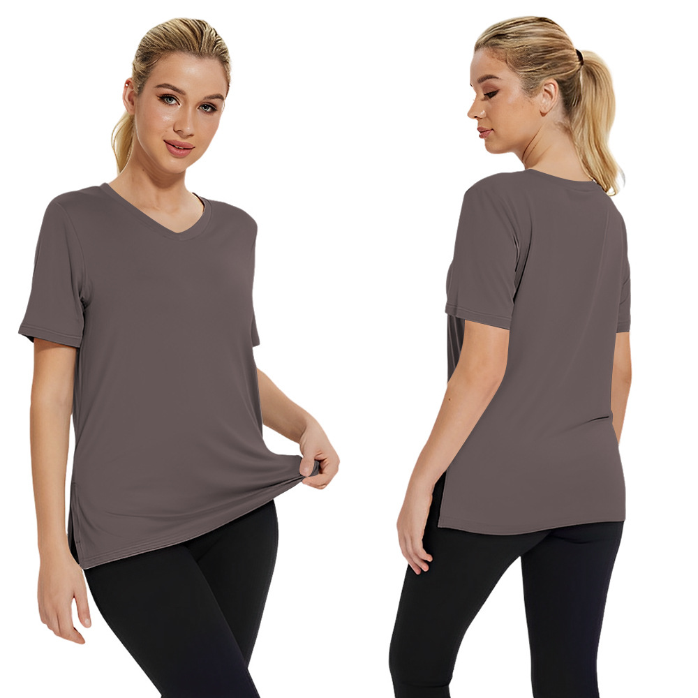 Short Sleeve Loose Split Top Solid Color Women's Clothing Brown - Shop at LoveMi