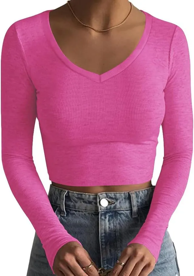 V neck Cropped Rib Knitted Slim T shirt Basic Rose Red - Shop at LoveMi