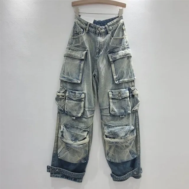 Workwear Paratrooper Casual Jeans Women's Fashion Gradient Light Blue - Shop at LoveMi