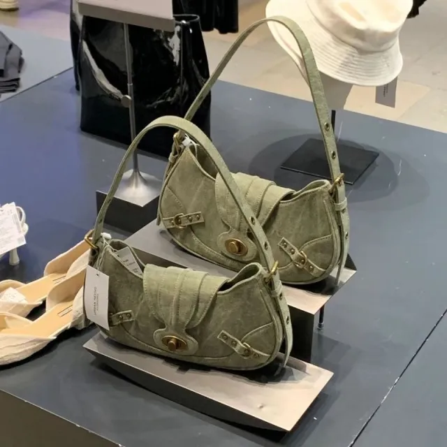 American Retro Army Green Stitching Underarm Bag Green - Shop at LoveMi
