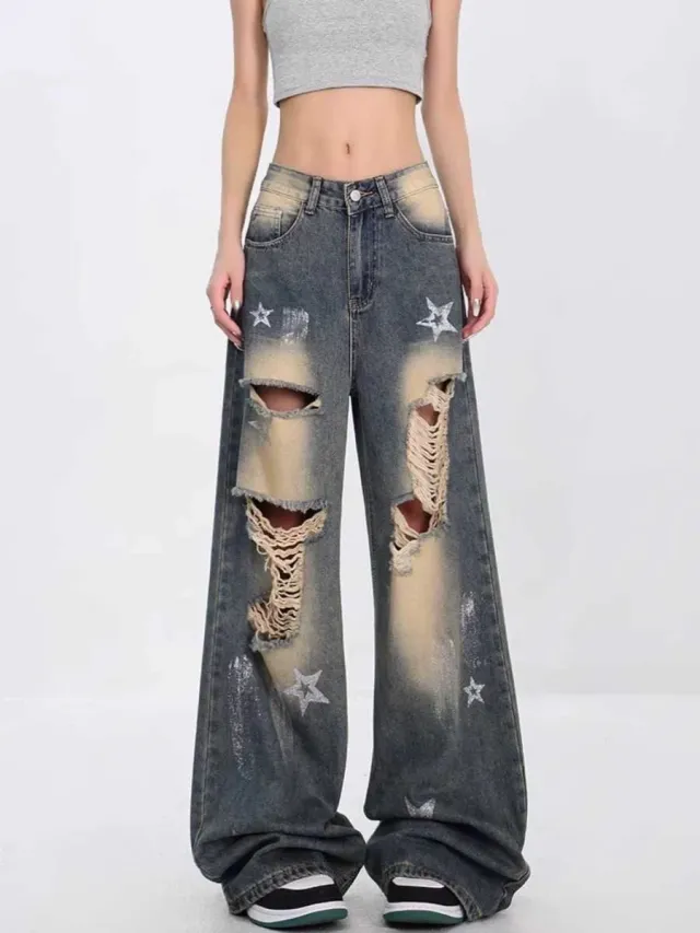 New High Street Loose American Retro XINGX Ripped Jeans For Women Blue - Shop at LoveMi