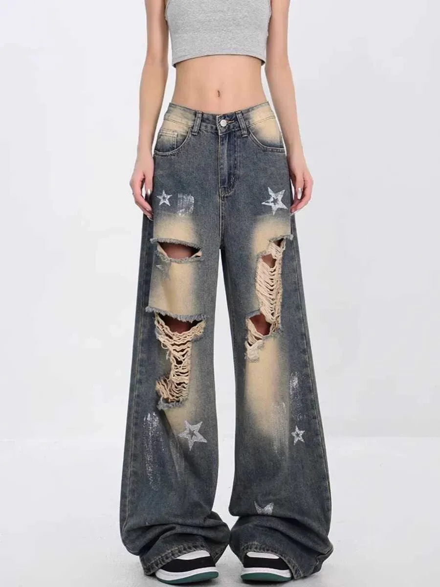 New High Street Loose American Retro XINGX Ripped Jeans For Women - Blue