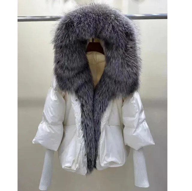White Duck Down Real Fur Big Fur Collar Down Jacket Beige Silver Fox Fur Collar - Shop at LoveMi