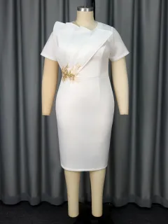 Embroidered Short Sleeve Banquet Party High Waist Dress - White - View 1