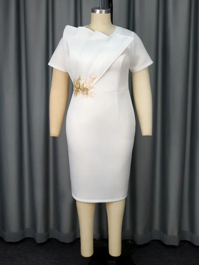 Embroidered Short Sleeve Banquet Party High Waist Dress White - Shop at LoveMi