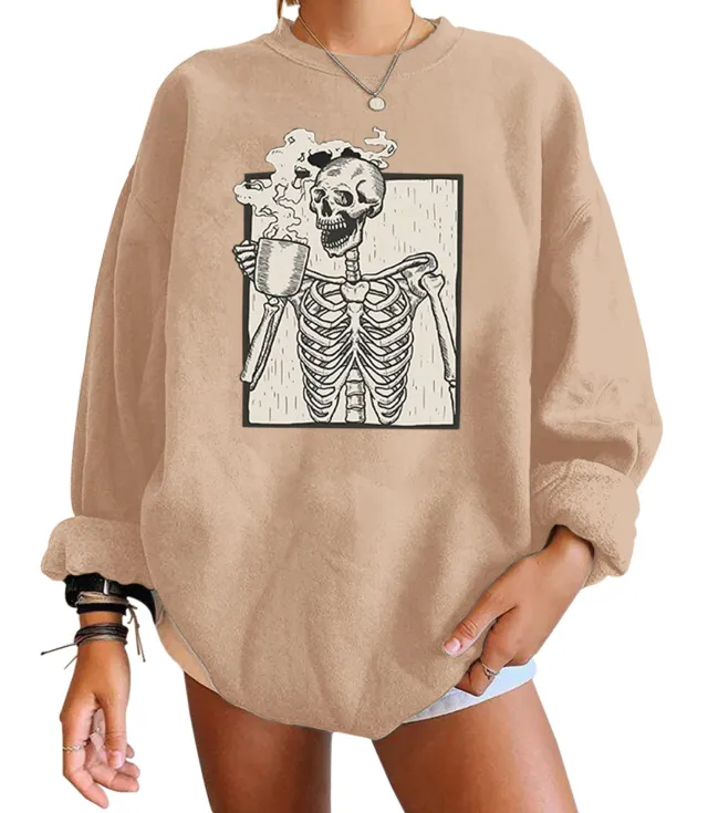 European And American Printed Long sleeved Round Neck Women's Sweater Autumn And Winter Plus Size Top Khaki - Shop at LoveMi