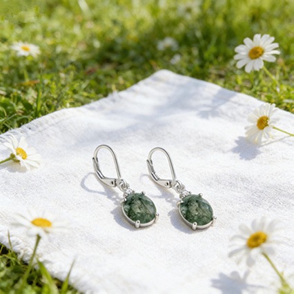 Womens Aquatic Plant Agate Egg-Shaped Oval Earrings