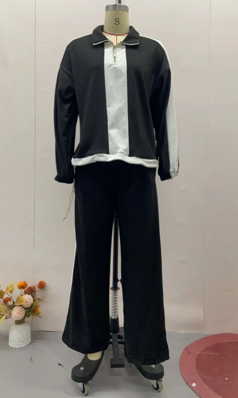 Women's Contrast Color Idle Style Casual Sweater Two piece Set Black - Shop at LoveMi