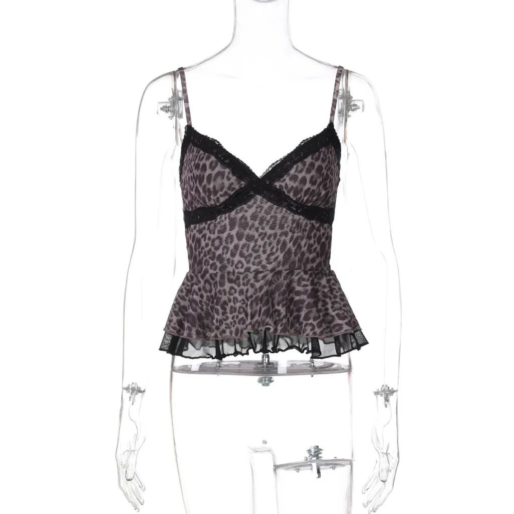 Women's Fashion V-neck Lace Printed Vest - Leopard Print