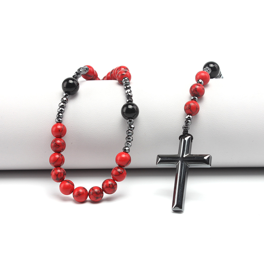 Natural Stone 8mm Black Agate Haematite Cross Necklace