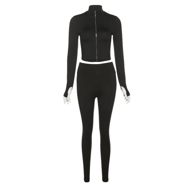 Women's Clothing New Stand Collar Long sleeve Zipper Top High Waist Slim Fit Skinny Trousers Suit For Women Black - Shop at LoveMi