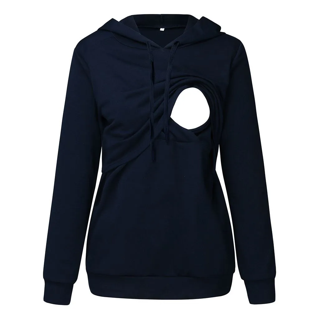 Solid Color Multifunctional Mom Nursing Wear Hooded Sweater - Purplish Blue