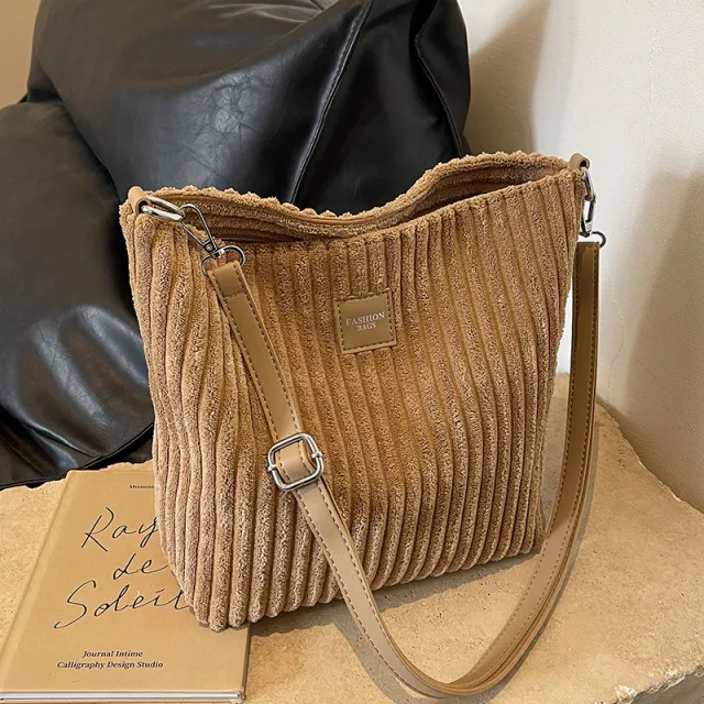 Versatile Large Capacity Corduroy Soft Surface Crossbody Shoulder Bag Khaki - Shop at LoveMi