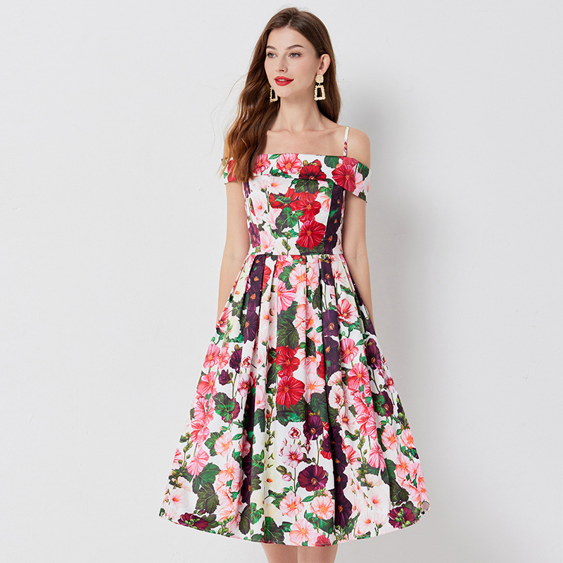Floral-Print Off-Shoulder Sling Dress