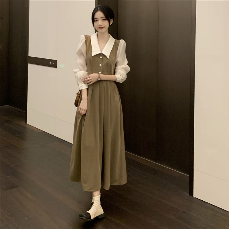 Women's Long-sleeve Shirt-style Patchwork Dress