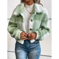Plaid Pattern Plush Button Cardigan Casual Warm Coat - Green - View 1