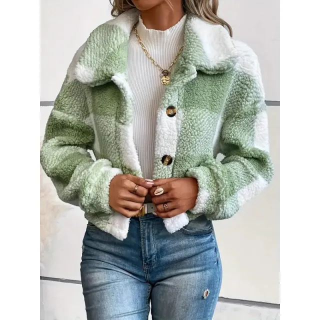Plaid Pattern Plush Button Cardigan Casual Warm Coat Green - Shop at LoveMi