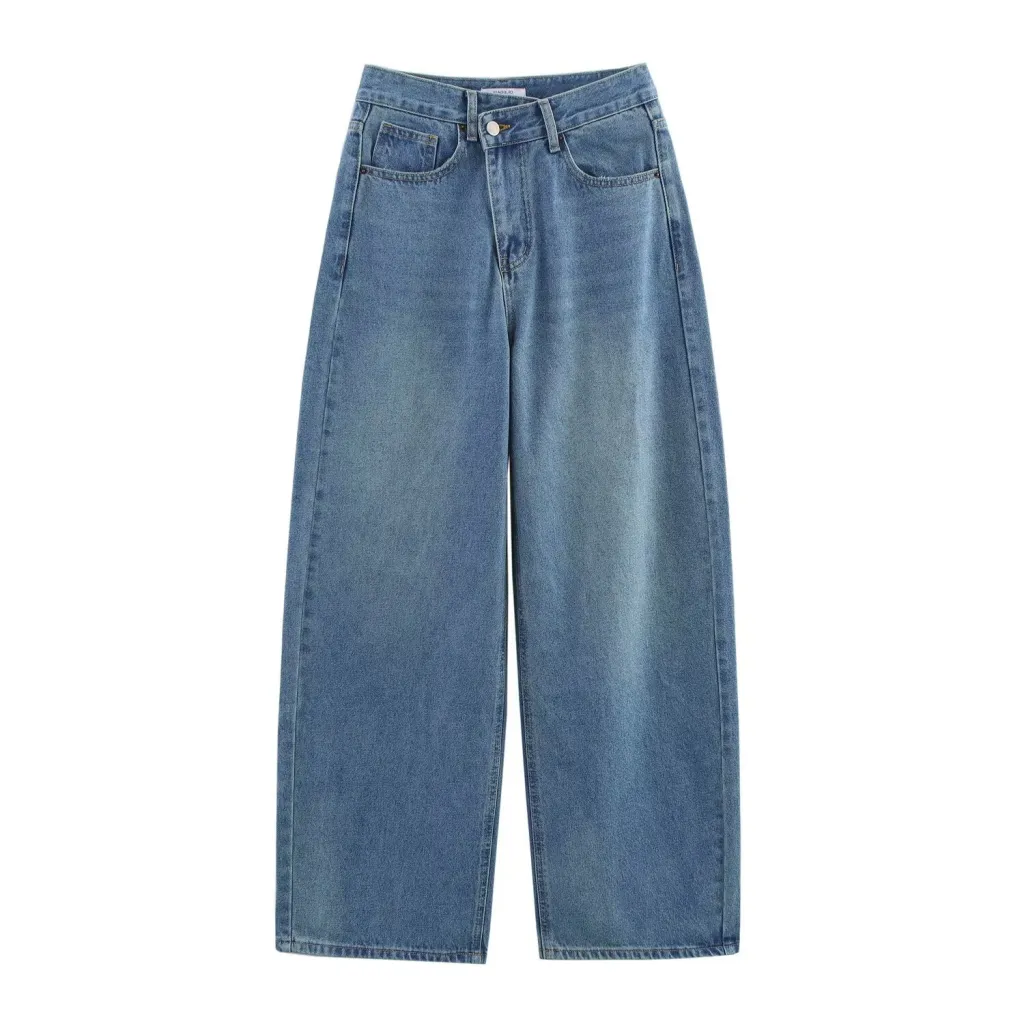 Casual All-match Double Breasted High Waist Loose Jeans - Light Blue