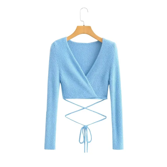 Women's Fashion Long Sleeve Knit Top With Thin Straps Blue - Shop at LoveMi