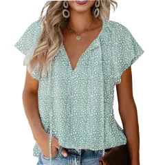 Floral Casual V-neck Chiffon Shirt Loose And Simple - Light Green - View 1