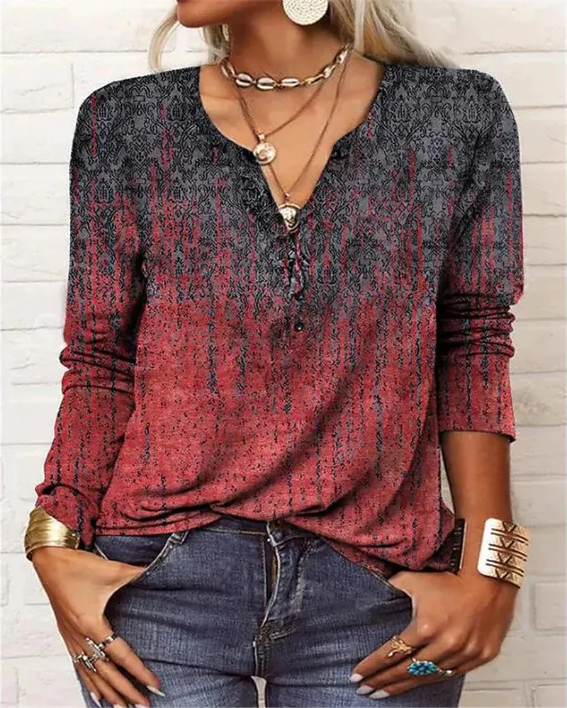 Women's Casual Ethnic Style V-neck Long-sleeved T-shirt - 1 Color-Xl