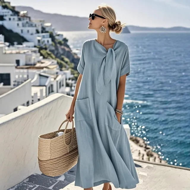 Elegant Short Sleeve Bow Pocket Wide Hem Loose Long Dress Blue - Shop at LoveMi