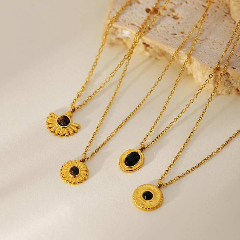 Vintage SUNFLOWER Natural Stone Pendant Necklace