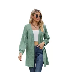 Long Sleeve Solid Colour Loose Cardigan Top Women's Knitting Coat - Green - View 1